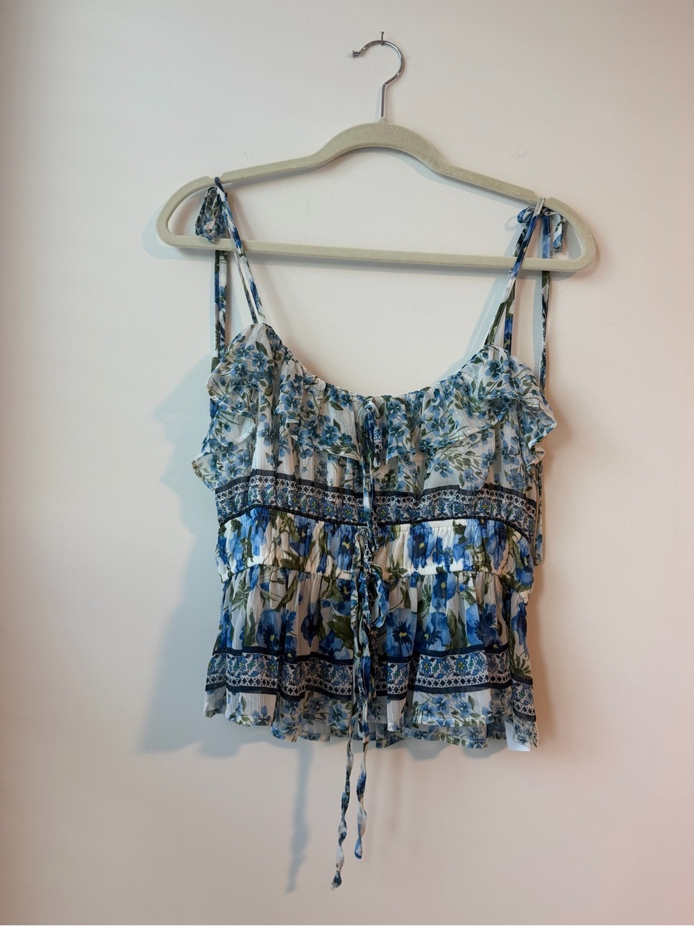 Moon River Blue and White Floral Tie-Shoulder Camisole